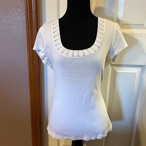 Dress Barn White Studded Scoop Neck T-Shirt